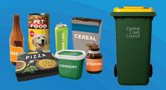 The following can be placed in your yellow lid recycling bin: Paper and cardboard, Rigid plastic bottles and containers, Metal cans, aerosol cans and foil trays, and Green, brown and clear glass bottles and jars